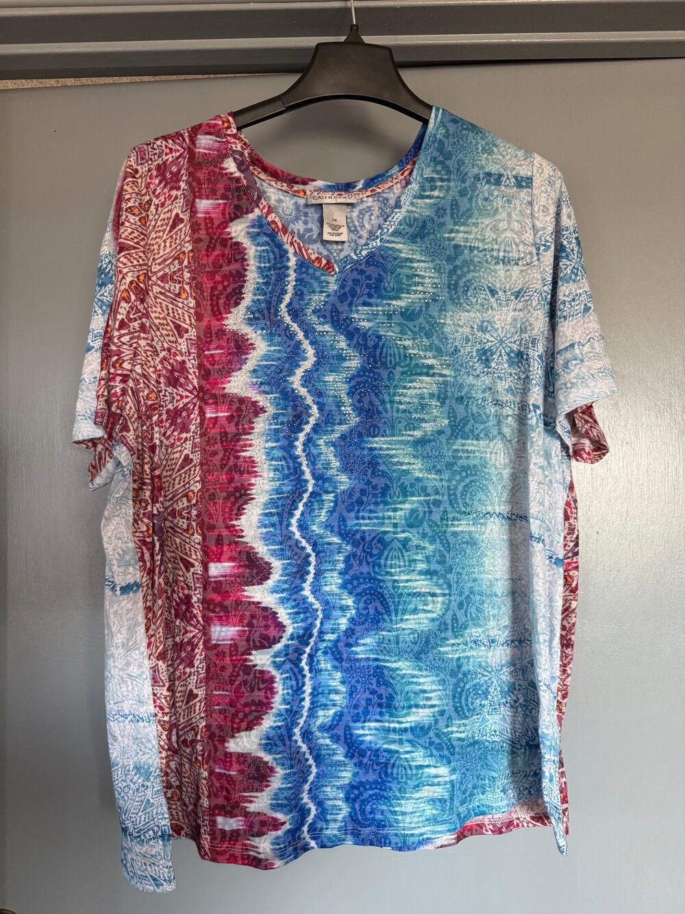 Catherines sz 1X Women Pullover Top Red White Blue Bling Patriotic Short Sleeve